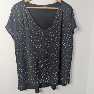 GNW Women’s Plus 2X Black‎ V-Neck Blouse, White Bird Print, Hi-Low Hem Top